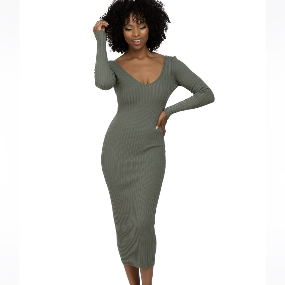 Hera Gray Green Long-Sleeve Ribbed Maxi Dress Women’s Size Medium - Picture 1 of 11
